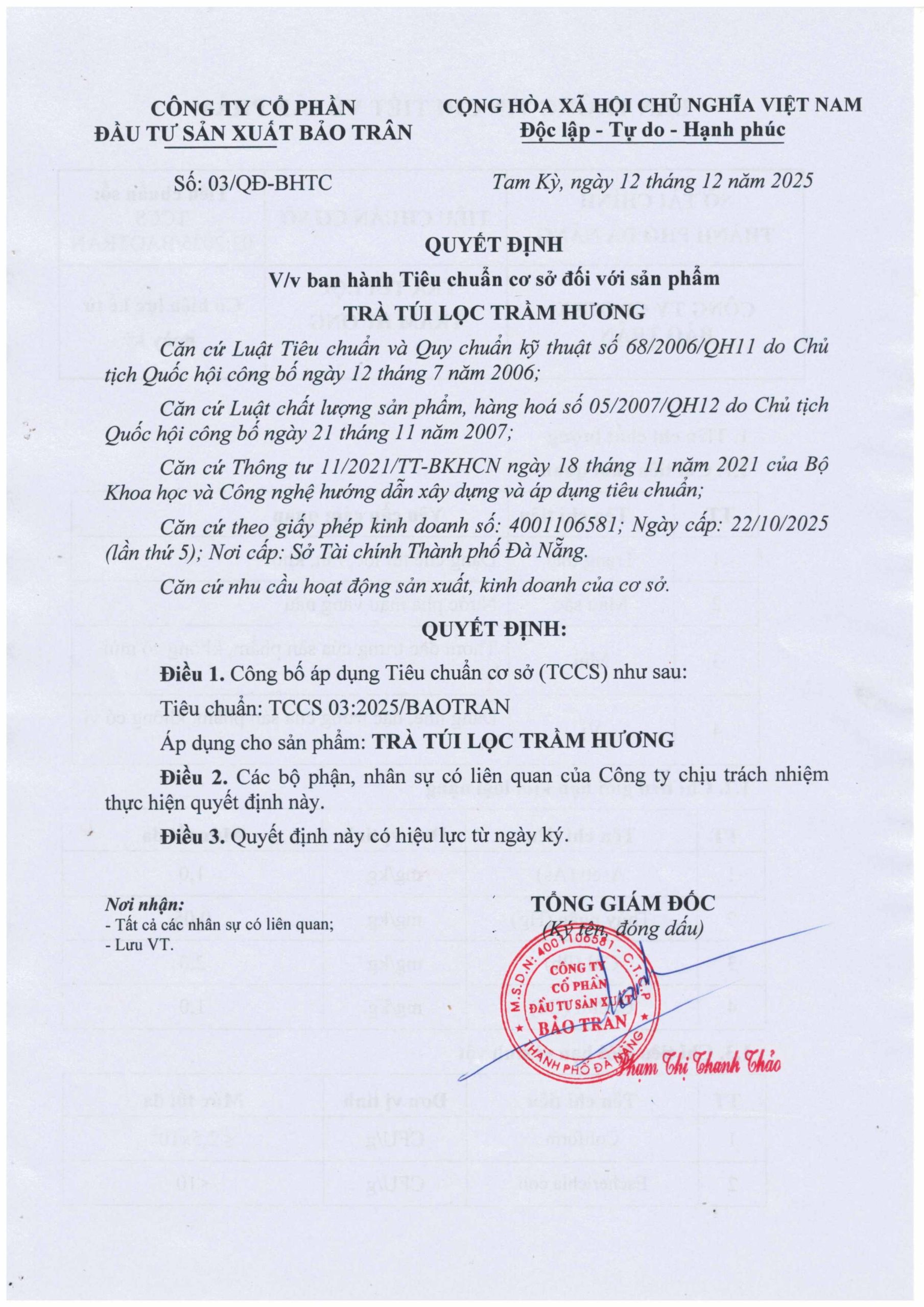 Tiêu chuẩn cơ sở trà túi lọc trầm hương bảo trân
